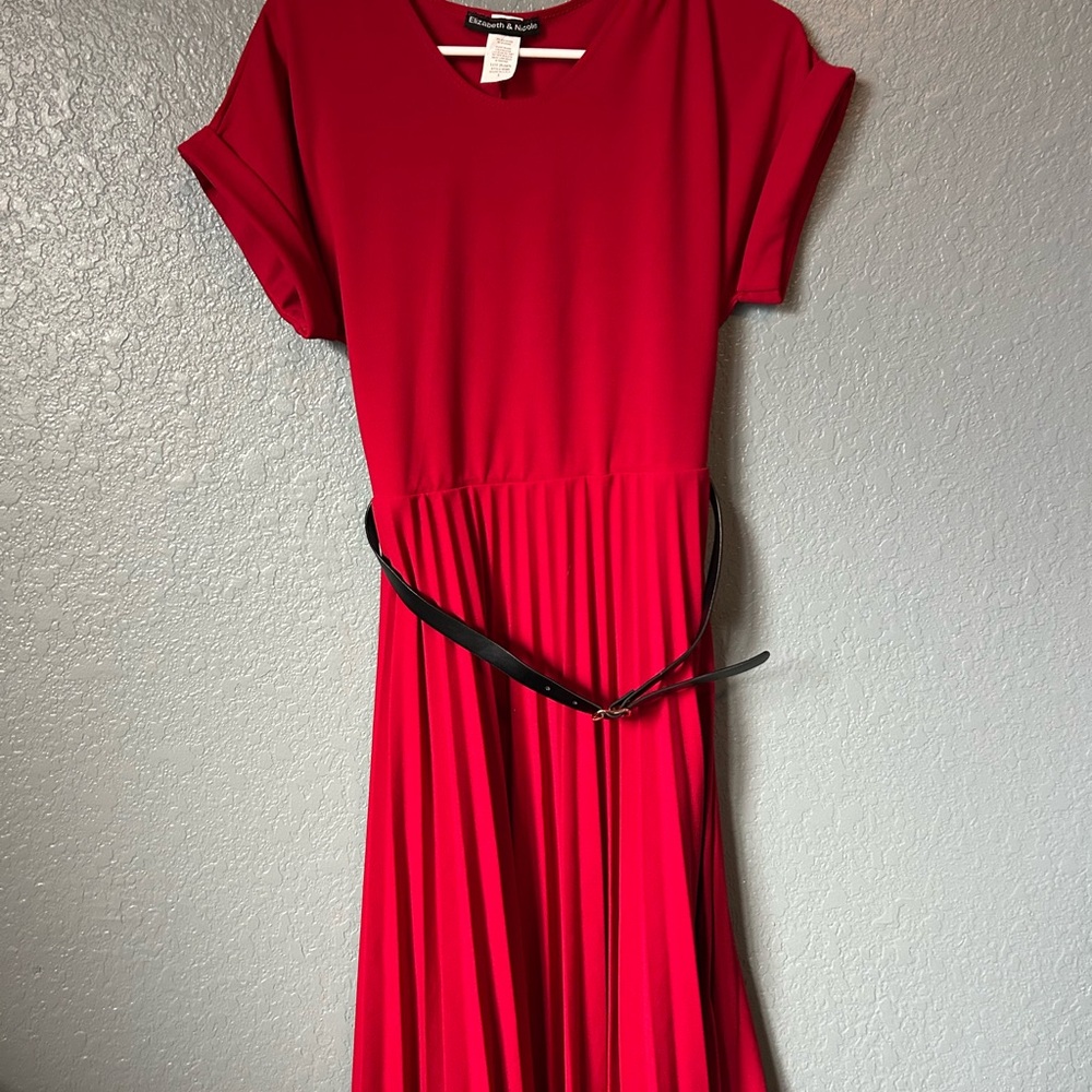 Elizabeth & Nicole Vibrant Red Midi Dress with Black Belt